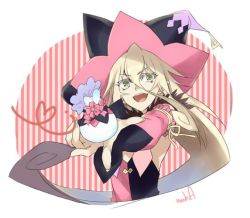 Rule 34 | 1girl, :d, aonagi (a-lot-of), bag, blonde hair, blue hair, cropped torso, detached sleeves, gradient hair, green eyes, hair between eyes, hat, heart ribbon, holding, holding bag, long hair, long sleeves, looking at viewer, magilou (tales), multicolored hair, open mouth, outstretched arm, pink sleeves, ribbon, ribbon-trimmed sleeves, ribbon trim, smile, solo, striped, striped background, tales of (series), tales of berseria, two-tone hair, upper body, very long hair, white background, witch hat, yellow ribbon
