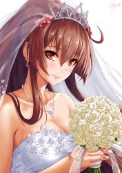 Rule 34 | 1girl, bare shoulders, blush, bouquet, breasts, bridal veil, bride, brown hair, cleavage, closed mouth, collarbone, dress, earrings, flower, hair between eyes, hair flower, hair ornament, highres, holding, holding bouquet, jewelry, kantai collection, large breasts, long hair, looking at viewer, necklace, pearl necklace, petals, ponytail, red eyes, rose, sakiyamama, sidelocks, simple background, smile, solo, tiara, veil, very long hair, wedding dress, white background, white flower, white rose, yamato (kancolle)