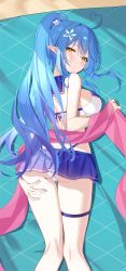 Rule 34 | 1girl, absurdres, ahoge, ass, bikini, blue hair, blue skirt, blush, breasts, commentary, duplicate, elf, flower, from above, hair between eyes, hair flower, hair ornament, heart, heart ahoge, heiyan shenshi, highres, hololive, large breasts, long hair, looking at viewer, lying, multicolored hair, on stomach, pointy ears, ponytail, shawl, skirt, solo, streaked hair, swimsuit, thigh strap, very long hair, virtual youtuber, white bikini, yellow eyes, yukihana lamy