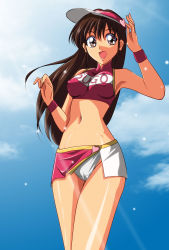 Rule 34 | 1girl, 1990s (style), arm up, armpits, bare shoulders, blue sky, breasts, brown eyes, brown hair, cameltoe, clothes writing, cloud, covered erect nipples, cowboy shot, crop top, future gpx cyber formula, gentoku, heart, high collar, highres, light particles, light rays, long hair, looking at viewer, medium breasts, microskirt, midriff, miniskirt, navel, open mouth, panties, pantyshot, race queen, skirt, sky, smile, solo, sugou asuka, underwear, visor cap, wristband