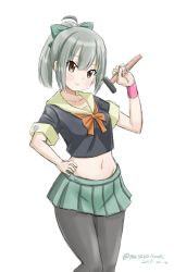 Rule 34 | 1girl, absurdres, aqua skirt, beige sailor collar, black pantyhose, black shirt, bow, brown eyes, commentary request, contrapposto, cowboy shot, dated, green skirt, grey hair, hair bow, hammer, hand on own hip, highres, kantai collection, masara (chuujou), midriff, navel, one-hour drawing challenge, pantyhose, pink wristband, ponytail, sailor collar, school uniform, serafuku, shirt, simple background, skirt, solo, standing, tank top, twitter username, white background, yuubari (kancolle)