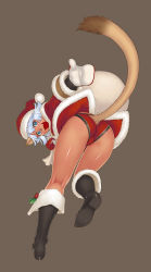 Rule 34 | 00s, 1girl, absurdres, animal ears, ass, boots, cat ears, cat tail, christmas, final fantasy, final fantasy xi, gochou, gochou (kedama), highres, mithra (ff11), mittens, santa costume, simple background, solo, tail