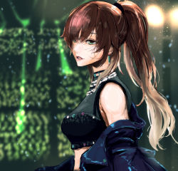 Rule 34 | 1girl, aketa mikoto, alternate hairstyle, black jacket, blonde hair, brown hair, crop top, fishnet top, fishnets, gradient hair, haigyo, highres, idol, idolmaster, idolmaster shiny colors, jacket, jacket partially removed, light leave, light smile, light stick, long hair, looking afar, multicolored eyes, multicolored hair, ponytail, shirt, sleeveless, sleeveless shirt, solo, stage, upper body