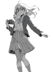 Rule 34 | 1girl, ahoge, blazer, bow, bowtie, camera, floating hair, greyscale, hair between eyes, hand up, highres, holding, holding camera, jacket, long hair, looking at viewer, miniskirt, monochrome, original, pentax, pleated skirt, school uniform, shimkarom, skirt, solo, standing, white background