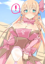 Rule 34 | !, 1girl, bare shoulders, black gloves, blonde hair, blush, bow, braid, breasts, breasts out, caburi aki, cameltoe, closed mouth, cowboy shot, day, detached sleeves, gloves, green eyes, hair between eyes, hair bow, half gloves, highres, kai-ri-sei million arthur, large breasts, leotard, long hair, looking at viewer, million arthur (series), nipples, outdoors, pink bow, pussy juice, side braid, solo, spoken exclamation mark, utahime arthur, wavy mouth, white leotard
