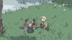 Rule 34 | 1boy, 1girl, android, blonde hair, body markings, cape, cliff, dark skin, dark-skinned male, grass, green eyes, helmet, highres, looking at another, made in abyss, navel, open mouth, pants, regu (made in abyss), riko (made in abyss), topless male, sitting, torn clothes, tsukumizu yuu, twintails, wariza