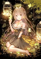 Rule 34 | 1girl, bad id, bad pixiv id, bare shoulders, barefoot, birdcage, breasts, brown dress, brown eyes, brown hair, bug, butterfly, cage, cleavage, crown, dress, earrings, forest, full body, half updo, highres, insect, jewelry, lace, lace-trimmed dress, lace trim, long hair, looking at viewer, medium breasts, nature, necklace, off-shoulder shirt, off shoulder, original, sakana cho, shirt, sitting, smile, solo, very long hair