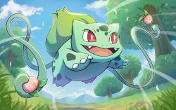 Rule 34 | :d, berry (pokemon), bright pupils, bulbasaur, bush, claws, cloud, commentary request, creatures (company), day, fangs, game freak, gen 1 pokemon, grass, holding, jumping, leaf, falling leaves, nintendo, no humans, open mouth, outdoors, plant, pokemon, pokemon (creature), red eyes, sky, smile, solo, tongue, tree, vines, white pupils, zeroki (izuno)
