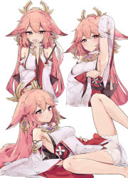 Rule 34 | 1girl, animal ears, arm up, armpits, blush, breasts, commentary request, covering own mouth, detached sleeves, dress, earrings, genshin impact, gohei, hair between eyes, hair ornament, holding, jewelry, long hair, long sleeves, looking at viewer, lying, medium breasts, on back, parted lips, pink hair, pkpkpppk, presenting armpit, purple eyes, short shorts, shorts, sideboob, simple background, very long hair, white background, white dress, white shorts, yae miko
