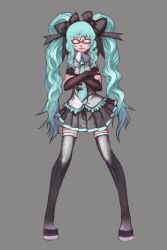 Rule 34 | 1girl, absurdres, aqua eyes, aqua hair, bad id, bad pixiv id, bespectacled, bow, crossed arms, detached sleeves, face, glasses, hair bow, hair ribbon, hatsune miku, highres, kansou samehada, lips, long hair, necktie, ribbon, skirt, smile, solo, thighhighs, twintails, vocaloid, zettai ryouiki