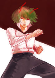 Rule 34 | 1girl, androgynous, antennae, clenched hand, clenched hands, female focus, fighting stance, green hair, pants, reverse trap, short hair, solo, sugidesukedo, touhou, wriggle nightbug