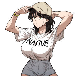 Rule 34 | 1girl, absurdres, arms up, baseball cap, black hair, breasts, character request, clothes writing, commentary request, copyright request, gigle, grey eyes, grey shorts, hat, highres, large breasts, shirt, short hair, short shorts, shorts, solo, upper body, white shirt