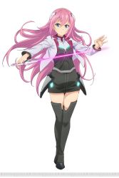 Rule 34 | 10s, 1girl, armor, belt, black footwear, black thighhighs, blazer, blue eyes, boots, breasts, dengeki, dress, faulds, floating hair, full body, gakusen toshi asterisk, glowing, glowing sword, glowing weapon, hair between eyes, hair ornament, highres, holding, holding weapon, jacket, julis-alexia von riessfeld, kawakami tetsuya, long hair, long sleeves, looking at viewer, neon trim, official art, open clothes, open jacket, outstretched arm, purple hair, serious, short dress, small breasts, solo, standing, sword, thigh boots, thighhighs, turtleneck, very long hair, weapon, white background, zettai ryouiki
