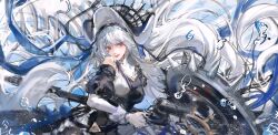 Rule 34 | 1girl, arknights, black dress, black hat, blue ribbon, blush, bubble, chinese commentary, circular saw, clothing cutout, commentary request, dress, floating hair, grey hair, hair between eyes, hat, highres, holding, holding weapon, lips, long hair, long sleeves, official alternate costume, puffy sleeves, red eyes, ribbon, saw, shoulder cutout, smile, solo, specter (arknights), specter the unchained (arknights), two-tone dress, upper body, very long hair, weapon, white dress, yuziwen025