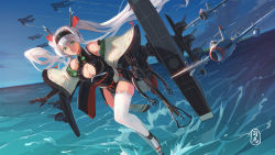 Rule 34 | 1girl, bow (weapon), breasts, cleavage, cleavage cutout, clothing cutout, crossbow, day, fairy (kancolle), foreshortening, hakuryuu (aircraft carrier), headband, highres, kantai collection, large breasts, long hair, mecha musume, mig-17, ocean, original, pacific (kancolle), personification, plant, sima naoteng, thighhighs, twintails, very long hair, weapon, white thighhighs, world of warships