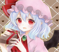 Rule 34 | 1girl, :d, argyle, argyle background, argyle clothes, ascot, bat wings, blue hair, blush, brown background, fang, gift, hair between eyes, hat, hat ribbon, holding, holding gift, light blue hair, looking at viewer, medium hair, mob cap, open mouth, pink hat, pointy ears, red ascot, red eyes, red ribbon, remilia scarlet, ribbon, skin fang, smile, solo, touhou, valentine, wings, yuuki hana (jtnp5334)