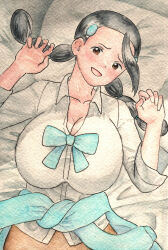 Rule 34 | 1girl, black hair, blush, breasts, brown eyes, candice (pokemon), cleavage, clothes around waist, creatures (company), game freak, huge breasts, long sleeves, multi-tied hair, nintendo, on bed, pokemon, pokemon dppt, skirt, sweater, sweater around waist, traditional media, wadachi354