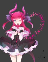 Rule 34 | 10s, 1girl, blue eyes, detached sleeves, elizabeth bathory (fate), elizabeth bathory (fate/extra ccc), elizabeth bathory (first ascension) (fate), fate/extra, fate/extra ccc, fate (series), highres, horns, komame yuzu, kucarail, long hair, one eye closed, pink hair, pointy ears, simple background, solo, sparkle, tail, two side up