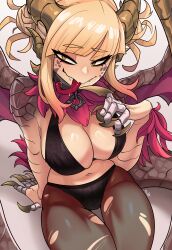 Rule 34 | 1girl, absurdres, arm support, black panties, blonde hair, boku no hero academia, breasts, brown pantyhose, claws, closed mouth, dragon girl, dragon horns, dragon tail, dragon wings, fangs, fangs out, hand up, highres, horns, large breasts, long hair, long tongue, panties, pantyhose, scales, shiny skin, simple background, sitting, smile, solo, tail, toga himiko, tongue, tongue out, torn clothes, torn pantyhose, underwear, unusualpie, white background, wings, yellow eyes