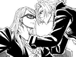 Rule 34 | 2boys, black jacket, blonde hair, coat, daybit sem void, fate/grand order, fate (series), highres, jacket, jewelry, long hair, long sleeves, male focus, medallion, monochrome, mosoplant, multiple boys, necklace, open clothes, open jacket, short hair, simple background, sunglasses, tezcatlipoca (fate), trench coat, upper body, white background