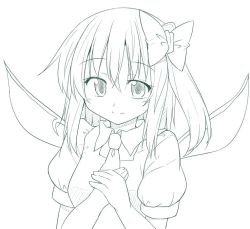 Rule 34 | 1girl, bad id, bad twitter id, bow, daiyousei, dress, fairy wings, greyscale, hair bow, hands on own chest, kazawa (tonzura-d), monochrome, shirt, side ponytail, sketch, smile, touhou, wings