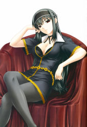 Rule 34 | 00s, 1girl, absurdres, black panties, black pantyhose, bra, breasts, cleavage, crossed legs, frown, gem, green gemstone, hair between eyes, hairband, hand on own head, head tilt, highres, indoors, kimi ga aruji de shitsuji ga ore de, kuonji shinra, lace-trimmed hairband, lace trim, lingerie, non-web source, panties, pantyhose, pantyshot, red eyes, red gemstone, simple background, sitting, solo, underwear, white background