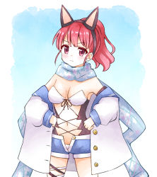Rule 34 | 1girl, animal ears, breasts, character request, cleavage, clenched hands, detached sleeves, fake animal ears, hands on own hips, highres, kirara fantasia, ma tsukasa, medium breasts, navel, red eyes, red hair, scarf, solo, v-shaped eyebrows