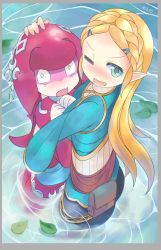 Rule 34 | 2girls, blonde hair, blue eyes, blush, fang, headpat, hug, looking at viewer, mipha, monster girl, multiple girls, nintendo, one eye closed, open mouth, partially submerged, phibonnachee, pointy ears, princess zelda, smile, the legend of zelda, the legend of zelda: breath of the wild, wading, water, wide-eyed, zora