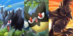 Rule 34 | cloud, commentary request, corviknight, corvisquire, creatures (company), day, evolutionary line, falling leaves, forest, game freak, gen 8 pokemon, hakuginnosora, highres, leaf, nature, nintendo, no humans, open mouth, outdoors, pokemon, pokemon (creature), red eyes, rookidee, sky, talons, tongue, tree, twilight