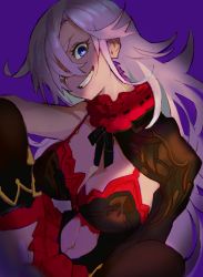Rule 34 | 1girl, black thighhighs, blue eyes, breasts, cinderella (sinoalice), cleavage, clothing cutout, collar, dress, frilled collar, frills, image sample, kibadori rue, large breasts, long hair, looking at viewer, navel, navel cutout, one eye covered, pink hair, purple background, sinoalice, smile, solo, teeth, thighhighs, tumblr sample