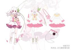 Rule 34 | 1girl, absurdres, animal ear legwear, animal ears, ankle boots, asymmetrical legwear, bag, bag charm, bcy, bing zizi, boots, bow, camera, cat ear legwear, cat ears, character sheet, charm (object), cherry blossoms, closed mouth, collared dress, cross-laced footwear, dress, flower, frilled dress, frills, full body, green bow, hair bow, hair flower, hair ornament, hairclip, highres, holding, holding camera, lace-up boots, leaf, long hair, long sleeves, looking at viewer, low twintails, necktie, petals, pink bag, pink flower, pink necktie, red eyes, ruan miemie, short dress, shoulder bag, single sock, single thighhigh, smile, socks, solo, standing, thighhighs, tied sweater, twintails, uneven legwear, white background, white dress, white flower, white hair, white socks, white thighhighs, wide sleeves, yellow footwear, zoom layer