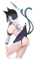 Rule 34 | 1girl, absurdres, animal ear fluff, animal ears, ass, black bra, black hair, black panties, black sailor collar, blue archive, blue halo, blue skirt, bob cut, bra, breasts, cat ears, cat girl, cat tail, clothes lift, commentary request, covered erect nipples, halo, highres, kasumi saika, kikyou (blue archive), large breasts, lifted by self, long sleeves, looking at viewer, mouth hold, multiple tails, panties, pleated skirt, sailor collar, school uniform, shirt, shirt lift, side-tie panties, simple background, skirt, skirt lift, socks, solo, standing, tail, thighs, underwear, white background, white shirt, white socks