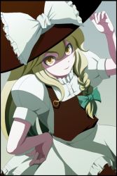Rule 34 | 1girl, blonde hair, bow, braid, female focus, from above, hair bow, hand on own hip, hat, hip focus, kirisame marisa, looking up, side braid, solo, touhou, tsukumo (soar99), witch, witch hat, yellow eyes