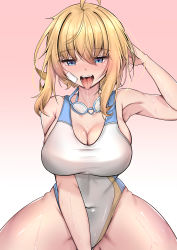 Rule 34 | 1girl, absurdres, ahoge, amy strickland, arm up, bare arms, blonde hair, blue eyes, breasts, cleavage, collarbone, commission, competition swimsuit, counter:side, covered navel, goggles, goggles around neck, gradient background, hair between eyes, highres, large breasts, long hair, one-piece swimsuit, open mouth, sera4, simple background, skindentation, swimsuit, thick thighs, thighs, tongue, tongue out, wet
