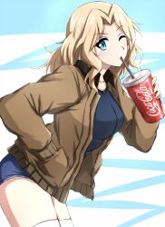 Rule 34 | 1girl, blonde hair, blue eyes, blue shirt, brown jacket, coca-cola, cup, denim, denim shorts, disposable cup, drinking, girls und panzer, hand in pocket, highres, jacket, kay (girls und panzer), leaning forward, long sleeves, looking at viewer, omachi (slabco), one eye closed, product placement, shirt, shorts, solo