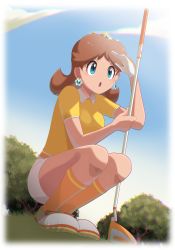 Rule 34 | 1girl, absurdres, arm up, belt, blue eyes, border, breasts, brown hair, crown, dot nose, earrings, eyelashes, flower earrings, full body, gloves, golf club, grass, highres, holding, holding golf club, jewelry, kneehighs, legs together, mario (series), mario golf, mario golf: super rush, medium breasts, medium hair, nintendo, open mouth, orange belt, orange gloves, orange socks, outdoors, polo shirt, princess daisy, saon101, shading eyes, shirt, shirt tucked in, shoes, short sleeves, shorts, single glove, sneakers, socks, solo, squatting, tree, v-shaped eyebrows, white border, white footwear, white shorts, yellow footwear, yellow shirt