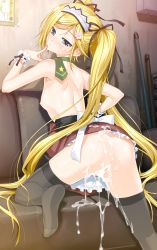Rule 34 | 1girl, aftersex, ass, back, blonde hair, blue eyes, blush, bow, breasts, couch, cum, cum in pussy, cum on ass, cum on body, cum on lower body, cumdrip, covered erect nipples, flat chest, hair ornament, happoubi jin, highres, kanojo x kanojo x kanojo, long hair, looking back, necktie, nipples, no panties, orifushi mafuyu, ribbon, skirt, small breasts, solo, sweat, tears, thighhighs, twintails, uncensored, very long hair