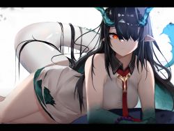 Rule 34 | 1girl, absurdres, arknights, black hair, breasts, dress, dusk (arknights), fukuro eito, hair over one eye, highres, horns, large breasts, letterboxed, long hair, lying, necktie, pointy ears, red eyes, tail, white dress