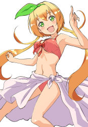 Rule 34 | 1girl, :d, absurdres, armpits, bare arms, bare shoulders, blonde hair, blush, bow, breasts, brown hair, copyright request, fingernails, gradient hair, green eyes, green hairband, green ribbon, hair between eyes, hair ribbon, hairband, hand up, highres, index finger raised, long hair, medium breasts, multicolored hair, navel, nyama, open mouth, pink background, red bow, ribbon, sarong, simple background, smile, solo, white background, white sarong