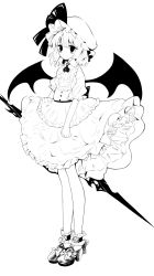 Rule 34 | 1girl, ascot, bat wings, closed mouth, full body, greyscale, hanokami, hat, hat ribbon, high heels, highres, looking at viewer, mob cap, monochrome, remilia scarlet, ribbon, short hair, short sleeves, solo, standing, touhou, wings