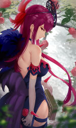 Rule 34 | 1girl, back, bare shoulders, book, breasts, choker, cleavage, cowboy shot, detached sleeves, dress, elbow gloves, feather trim, fire emblem, fire emblem engage, flower, from behind, gloves, hair ornament, haru (nakajou-28), highres, holding, holding book, ivy (fire emblem), large breasts, lips, long hair, looking back, medium breasts, nintendo, purple hair, red eyes, red flower, red rose, rose, side slit, sideboob, solo, thigh strap, thighhighs, thighs, white gloves