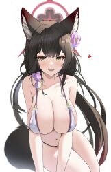 Rule 34 | 1girl, absurdres, animal ear fluff, animal ears, black hair, blue archive, blush, breasts, cleavage, collarbone, dalgam12, flower, fox ears, fox tail, hair flower, hair ornament, halo, heart, highres, large breasts, leaning, long hair, looking at viewer, navel, open mouth, pink flower, simple background, sitting, smile, solo, stomach, tail, teeth, twintails, upper teeth only, very long hair, wakamo (blue archive), wakamo (swimsuit) (blue archive), white background
