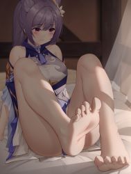 Rule 34 | 1girl, arm support, ass, bare shoulders, barefoot, breasts, choker, cone hair bun, curtains, detached sleeves, dress, feet, frown, genshin impact, grey hair, hair bun, highres, indoors, keqing (genshin impact), legs up, long hair, looking at viewer, looking down, maemi (maemi12), medium breasts, no shoes, no socks, on bed, purple eyes, sitting, solo, thighs, toes, twintails, white dress