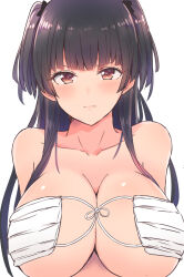 Rule 34 | 14sai bishoujo (shoutarou), 1girl, arms behind back, black hair, blunt bangs, blush, breasts, brown eyes, closed mouth, highres, idolmaster, idolmaster shiny colors, large breasts, long hair, looking at viewer, mask on breasts, mayuzumi fuyuko, simple background, solo, two side up, underboob, upper body, white background