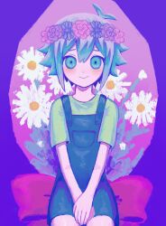 Rule 34 | antenna hair, basil (headspace) (omori), basil (omori), blue eyes, blue hair, blue overalls, blush, floral background, green shirt, head wreath, highres, looking at viewer, omori, overalls, own hands together, rakutiito310, shirt, short sleeves, sitting, smile