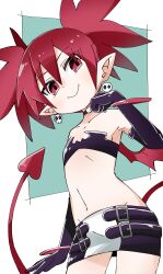 Rule 34 | 1girl, absurdres, bat wings, choker, closed mouth, demon girl, demon tail, demon wings, disgaea, earrings, elbow gloves, etna (disgaea), flat chest, gloves, highres, jewelry, looking at viewer, makai senki disgaea, navel, pointy ears, red eyes, red hair, simple background, skirt, skull earrings, smile, solo, tail, twintails, white background, wings