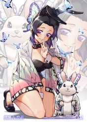 Rule 34 | 1girl, alternate costume, animal, animal ears, animal print, artist logo, artist name, bare legs, between legs, black bow, black bowtie, black footwear, black hair, blush, bow, bowtie, breasts, bug, butterfly, butterfly hair ornament, butterfly print, character name, cleavage, clothed animal, detached collar, english text, fake animal ears, finger to mouth, forehead, gradient hair, hair ornament, hand between legs, haori, highres, index finger raised, insect, japanese clothes, kimetsu no yaiba, kneeling, kochou shinobu, leotard, lips, lipstick, looking at viewer, makeup, medium breasts, multicolored hair, no socks, parted bangs, parted lips, playboy bunny, purple eyes, purple hair, rabbit, rabbit ears, shoes, short hair, simple background, siriuflong, smile, solo, thighs, two-tone hair, watermark, web address, white background, wide sleeves, wrist cuffs, zoom layer
