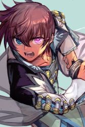 Rule 34 | 1boy, asbel lhant, blue eyes, brown hair, heterochromia, hungry clicker, looking at viewer, male focus, open mouth, pink eyes, short hair, solo, sword, tales of (series), tales of graces, weapon