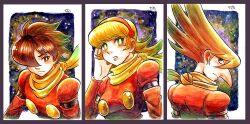 Rule 34 | 1girl, 2boys, asymmetrical bangs, big nose, blonde hair, blue eyes, blunt bangs, blush, brown eyes, brown hair, buttons, closed mouth, commentary request, cyborg, cyborg 009, francoise arnoul, from behind, frown, hair over one eye, hairband, hand on own ear, highres, jacket, jet link, long hair, long sleeves, looking back, multiple boys, open mouth, painting (medium), parted lips, pointy nose, red hairband, red jacket, scarf, shimamura joe, short hair, signature, sleeve garter, space, spiked hair, star (symbol), thick eyebrows, traditional media, upper body, watercolor (medium), yamato koara, yellow scarf