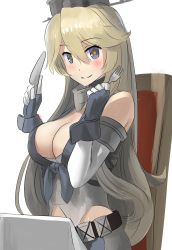 Rule 34 | 10s, 1girl, ao iro, bare shoulders, blonde hair, blush, breasts, chair, cleavage, fingerless gloves, fork, front-tie top, gloves, grey eyes, hair between eyes, headgear, highres, iowa (kancolle), kantai collection, large breasts, long hair, looking at viewer, miniskirt, sitting, skirt, smile, solo, star-shaped pupils, star (symbol), symbol-shaped pupils, table knife